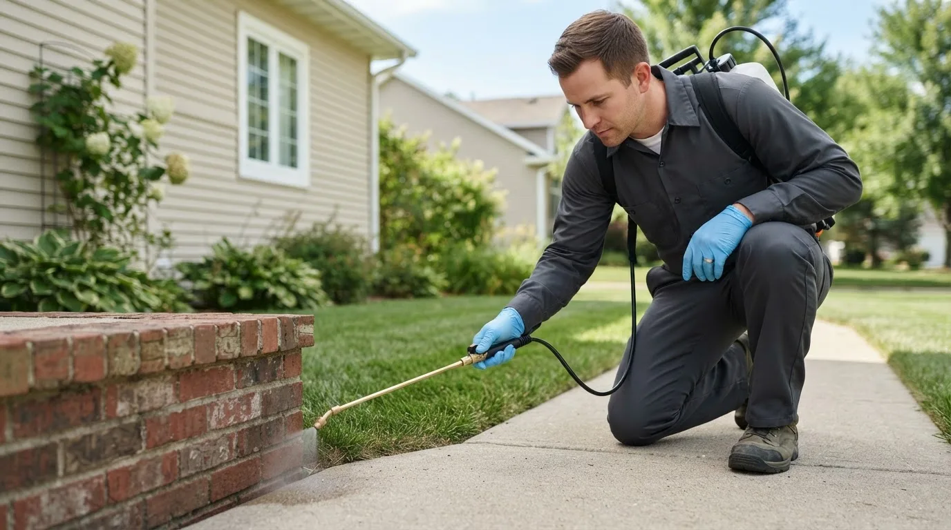 Pest control technician treating a home near Hingham, MT
